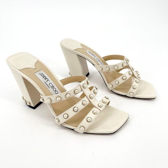 Jimmy Choo Hazal 85 Latte Neutral Pearl Studded Heeled Mule Sandal size IT 37